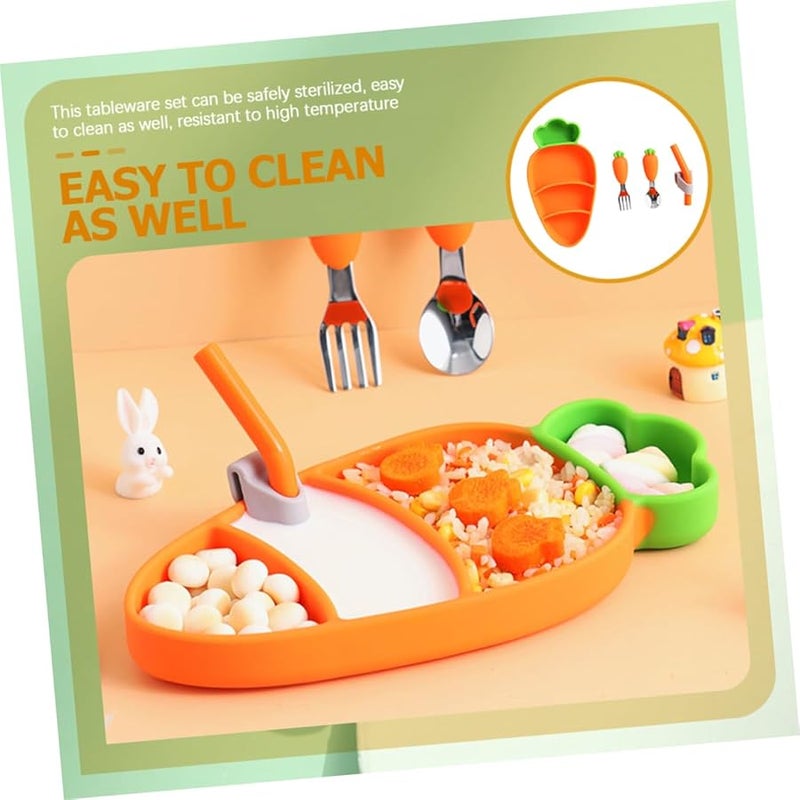 Silicone Carrot Shaped Baby Plate Set with Spoon Fork Straw High Temperature Resistant Feeding Utensils - Image 2
